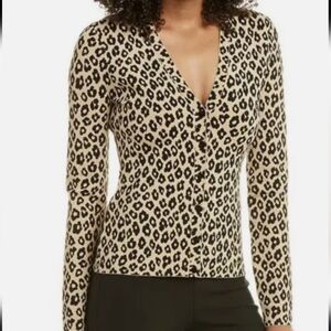 Theory Glosse Leopard Printed V Neck Cardigan Size S
